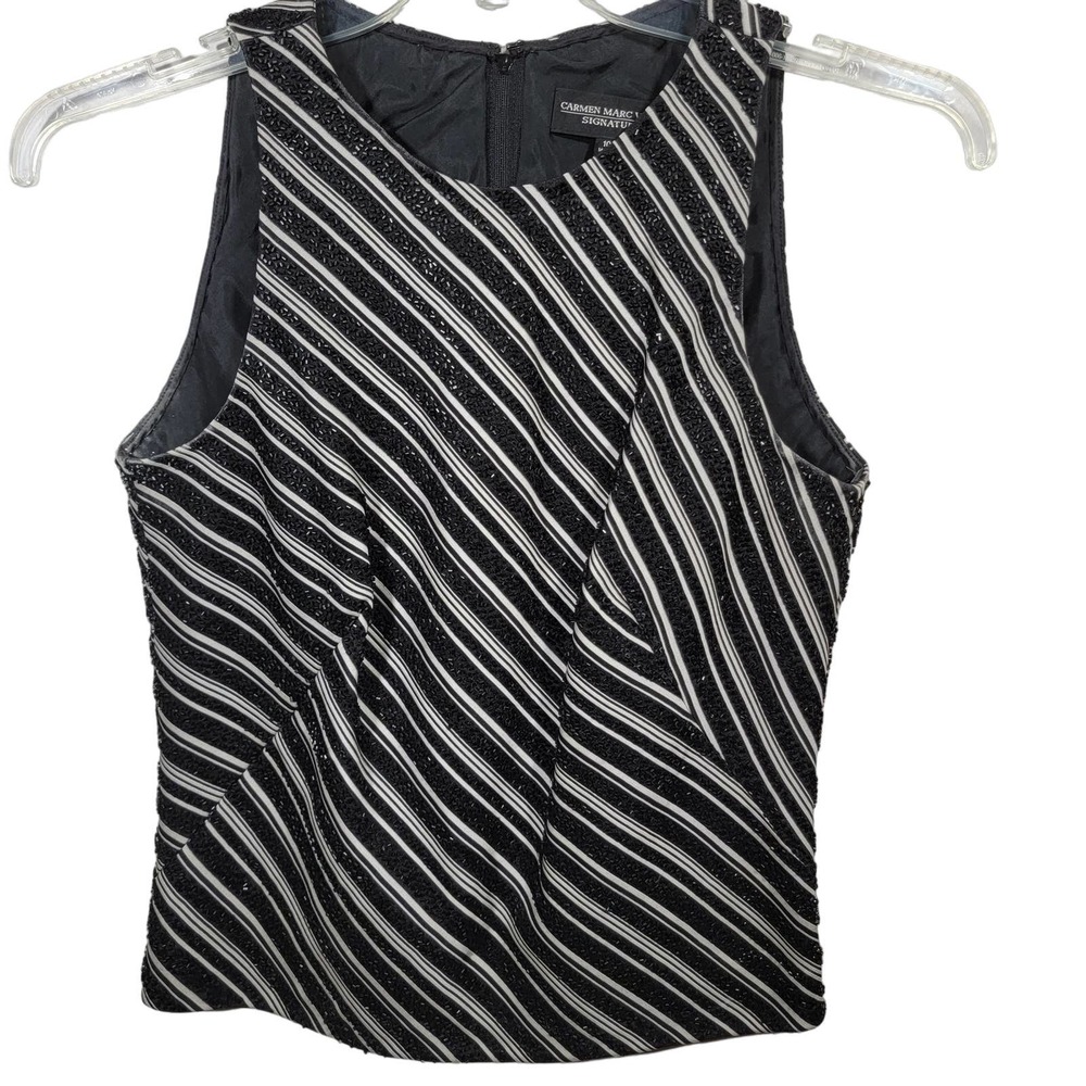 Carmen Marc Valvo Silk Beaded Top 10 Black Striped Lined Zip